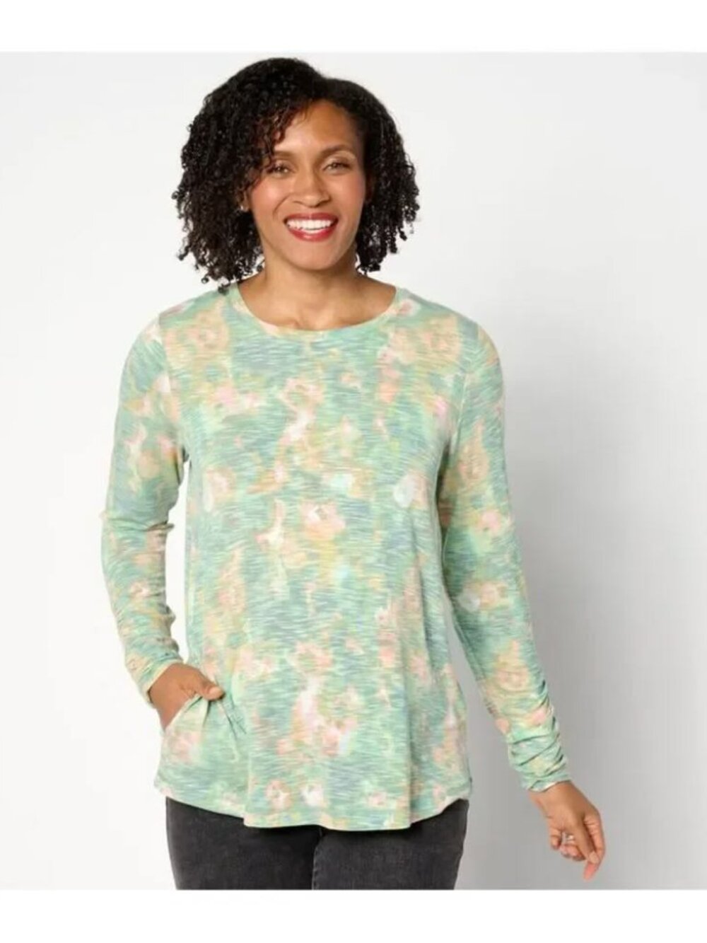 LOGO by Lori Goldstein Women's Top Plus Size XL Ruched Sleeve Green